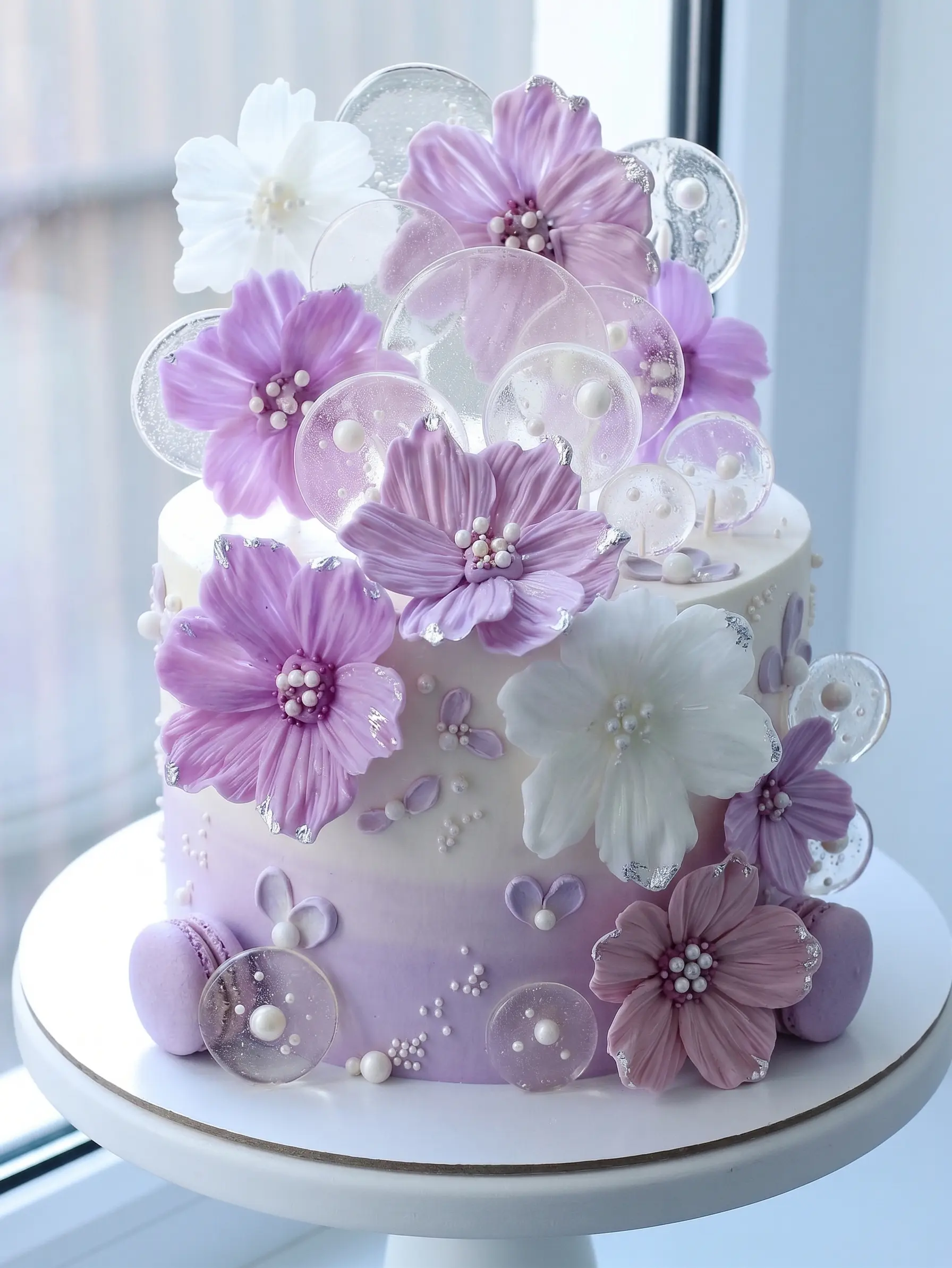 Lilac and white wedding cake decorated with sugar flowers, pearl details and translucent decorative accents